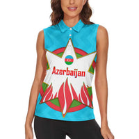 Azerbaijan National Emblem Women Sleeveless Polo Shirt with Star and Flame Design in Sky Blue