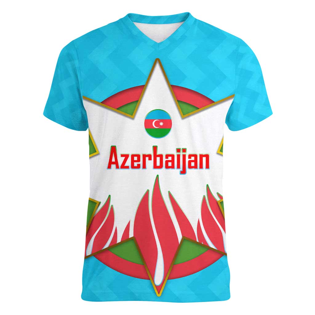 Azerbaijan National Emblem Women V-Neck T-Shirt with Star and Flame Design in Sky Blue