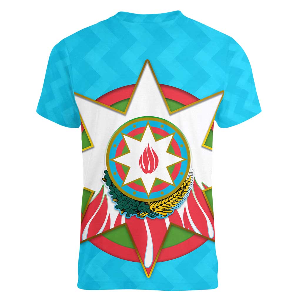 Azerbaijan National Emblem Women V-Neck T-Shirt with Star and Flame Design in Sky Blue