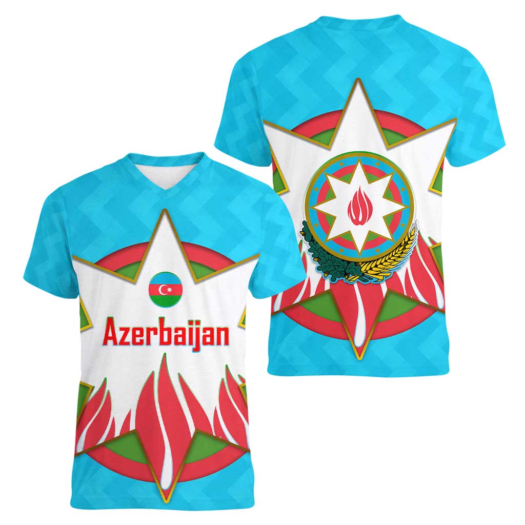 Azerbaijan National Emblem Women V-Neck T-Shirt with Star and Flame Design in Sky Blue