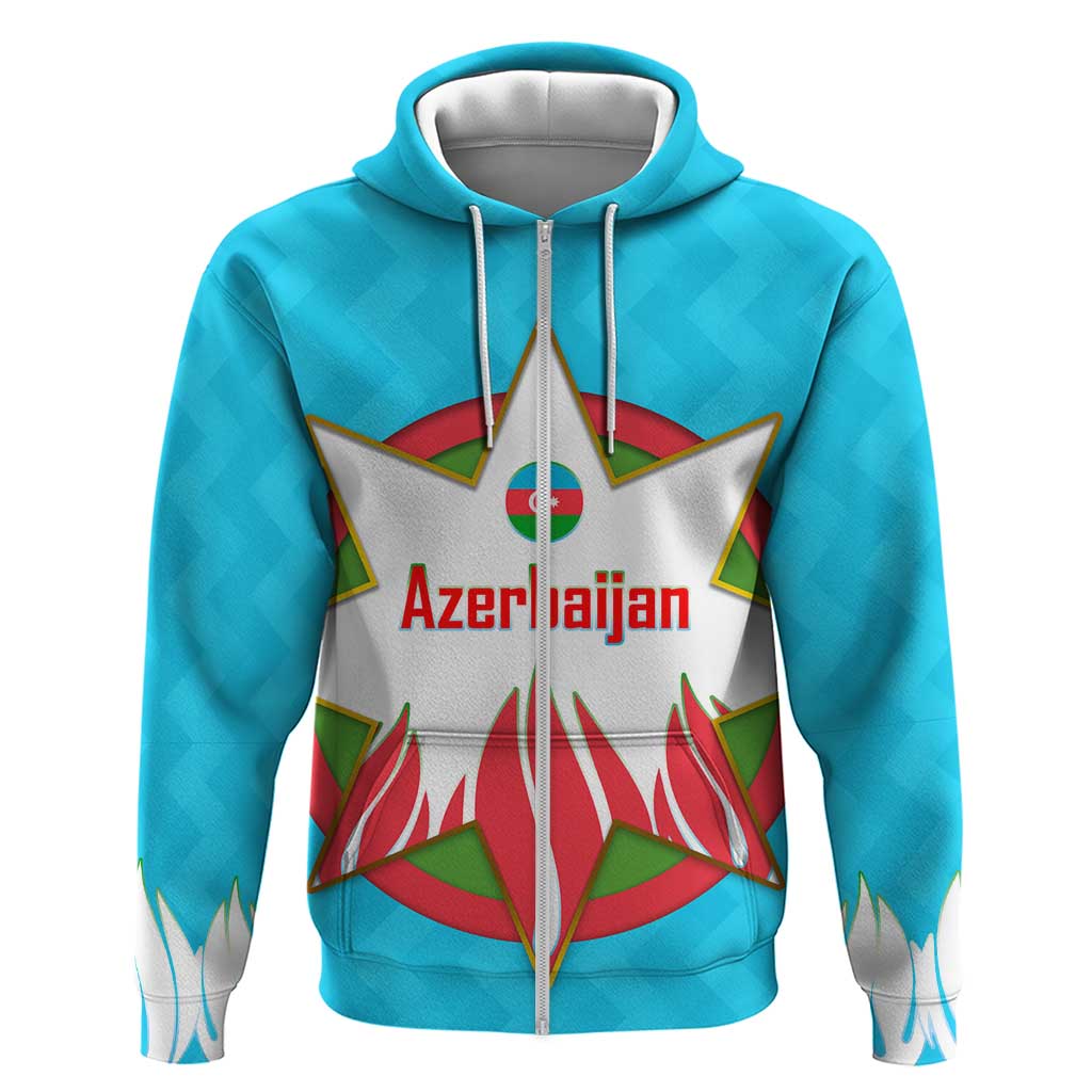 Azerbaijan National Emblem Zip Hoodie with Star and Flame Design in Sky Blue