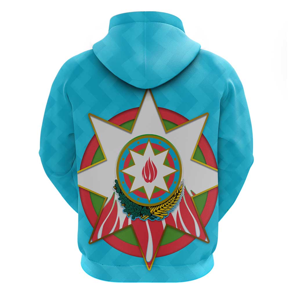 Azerbaijan National Emblem Zip Hoodie with Star and Flame Design in Sky Blue