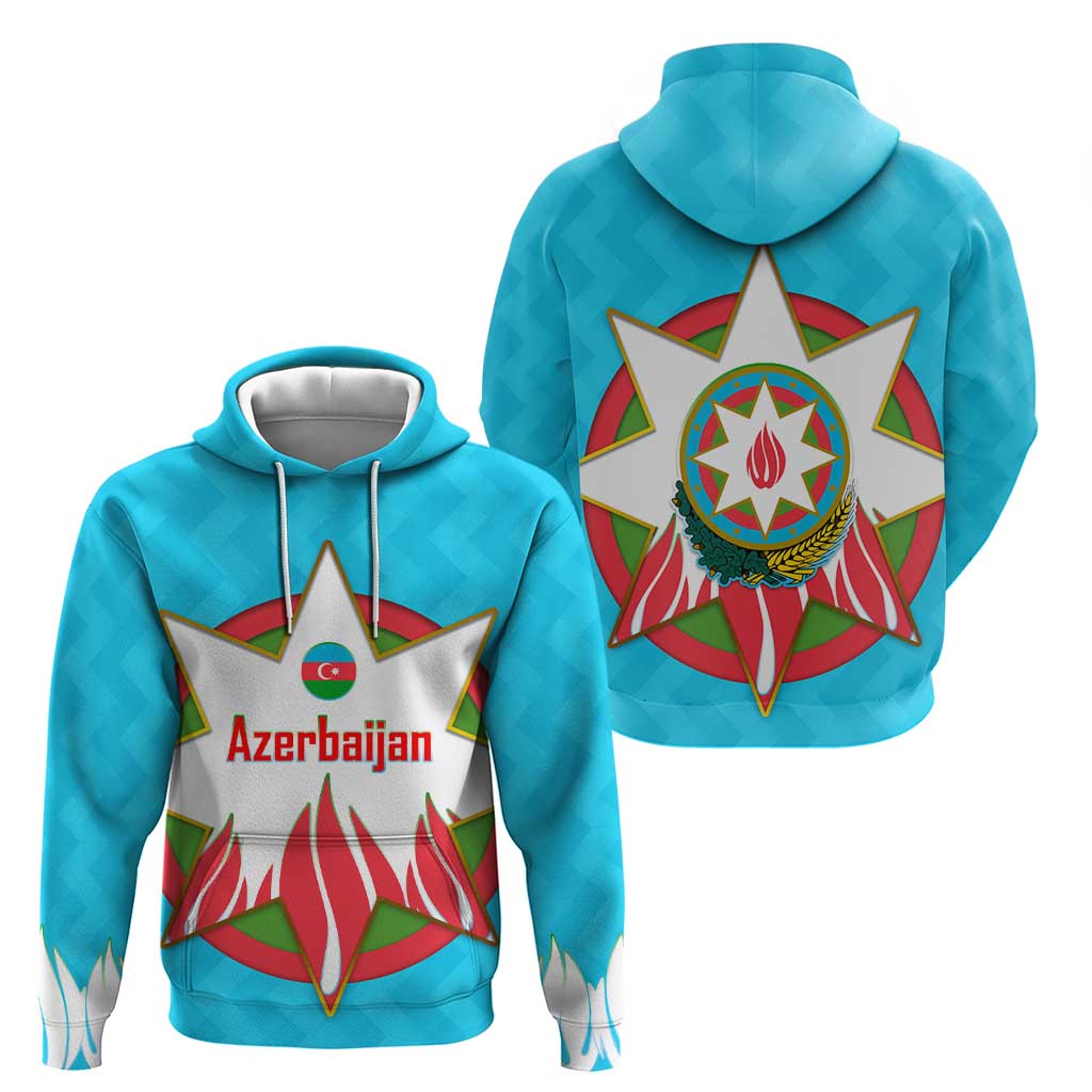 Azerbaijan National Emblem Zip Hoodie with Star and Flame Design in Sky Blue