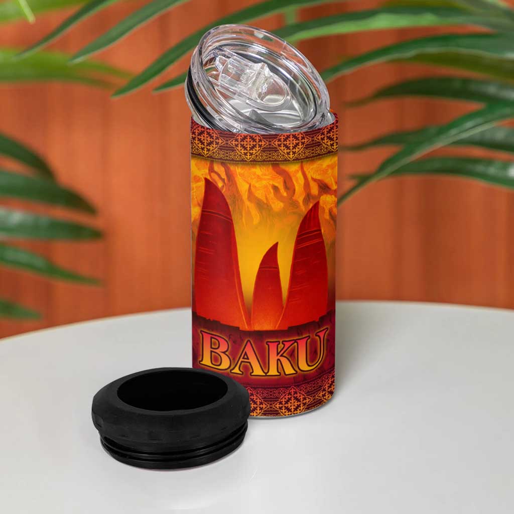 Azerbaijan Land of Fire 4 in 1 Can Cooler Tumbler with Flame Towers and Baku Design