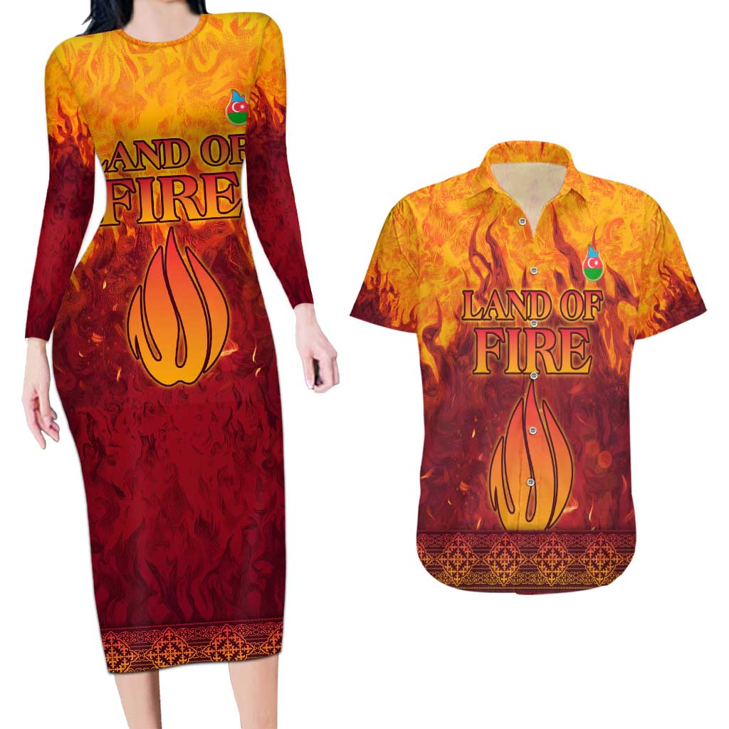 Azerbaijan Land of Fire Couples Matching Long Sleeve Bodycon Dress and Hawaiian Shirt with Flame Towers and Baku Design