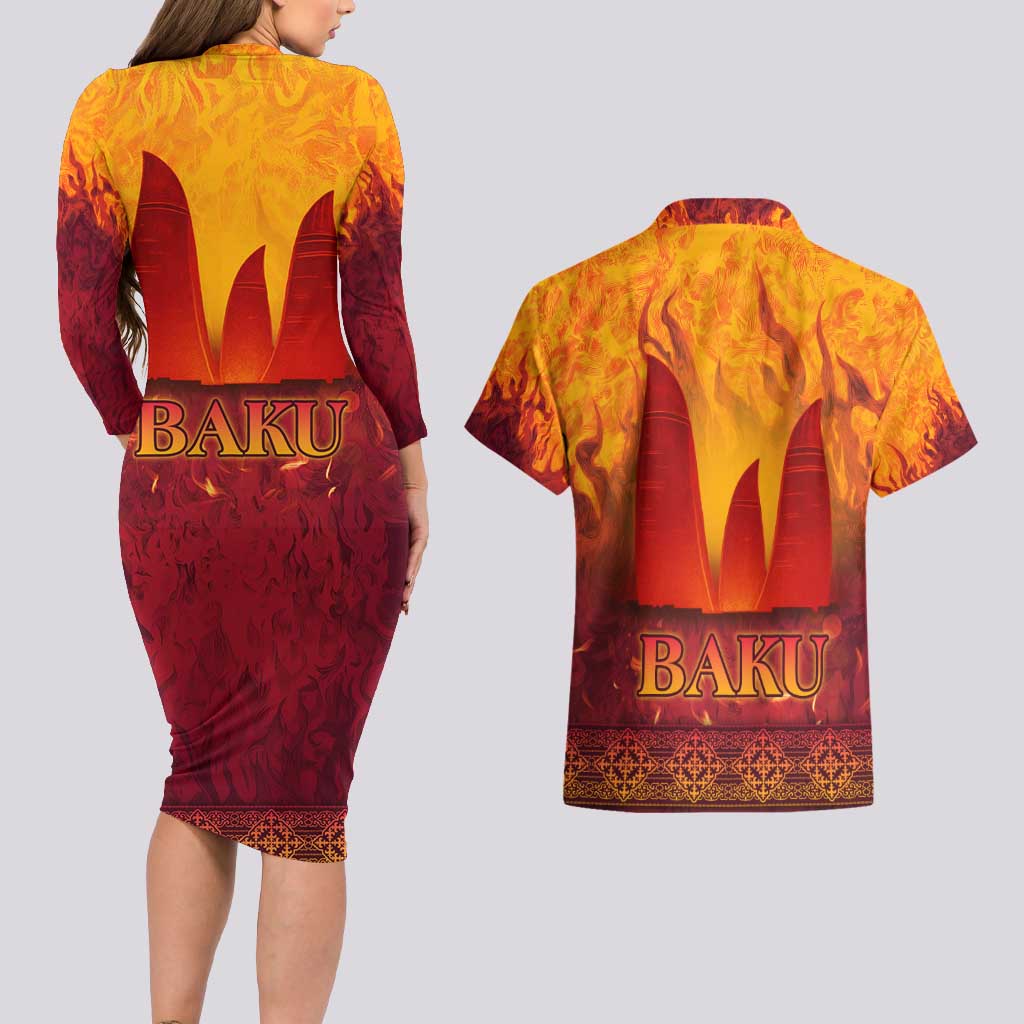 Azerbaijan Land of Fire Couples Matching Long Sleeve Bodycon Dress and Hawaiian Shirt with Flame Towers and Baku Design