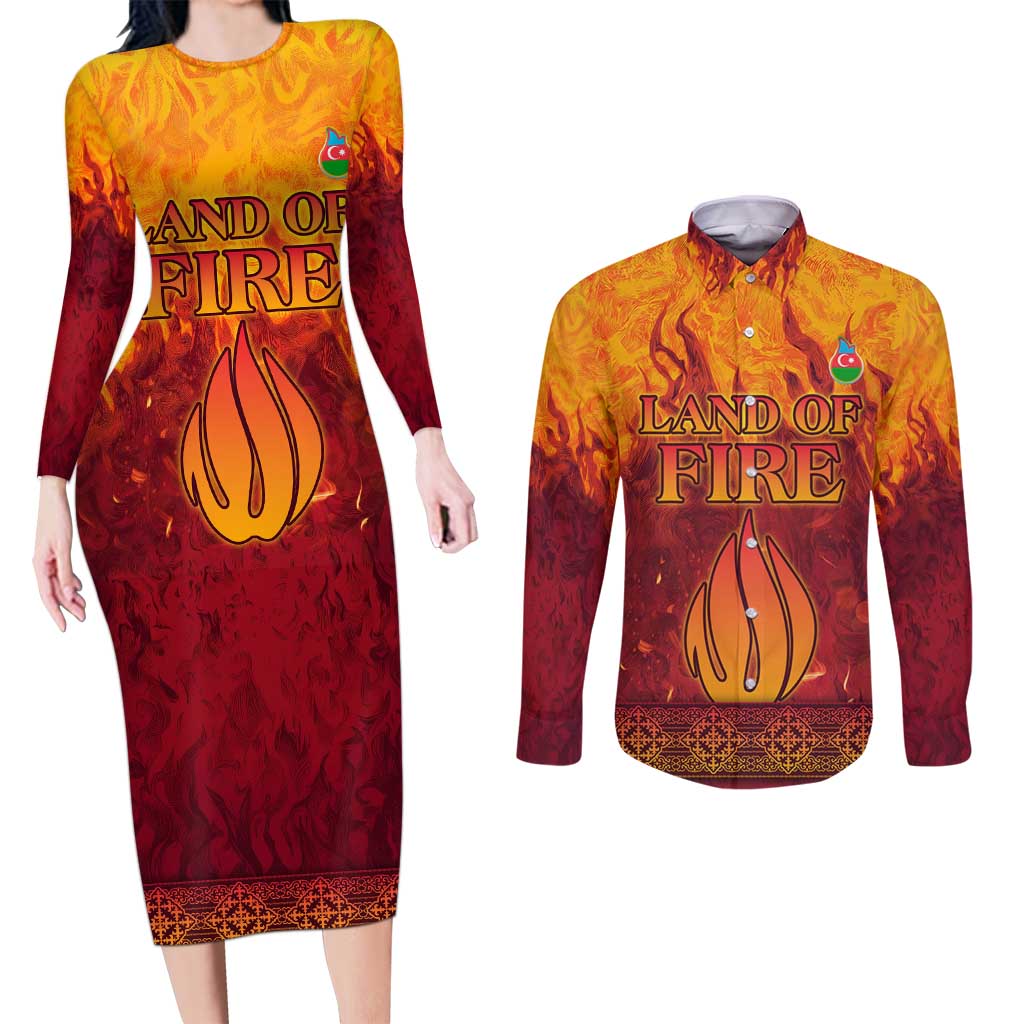 Azerbaijan Land of Fire Couples Matching Long Sleeve Bodycon Dress and Long Sleeve Button Shirt with Flame Towers and Baku Design