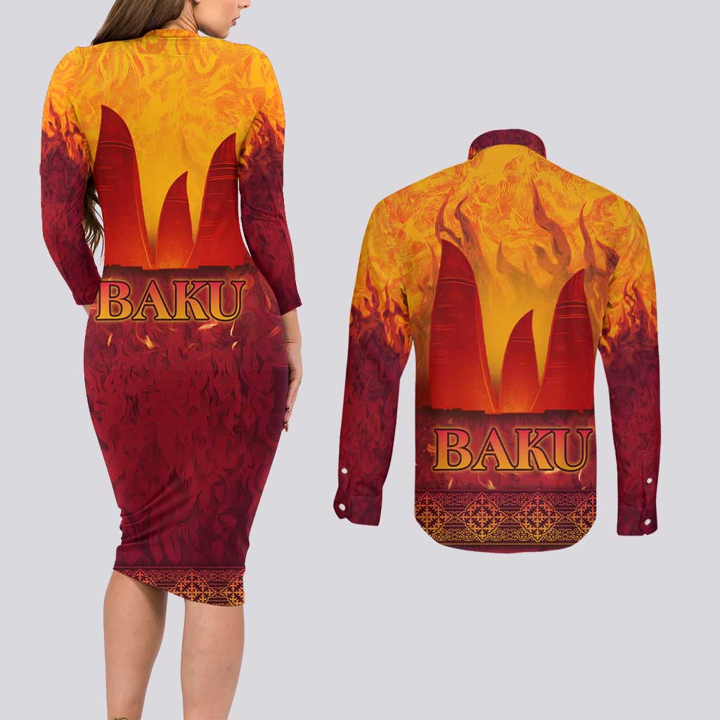 Azerbaijan Land of Fire Couples Matching Long Sleeve Bodycon Dress and Long Sleeve Button Shirt with Flame Towers and Baku Design