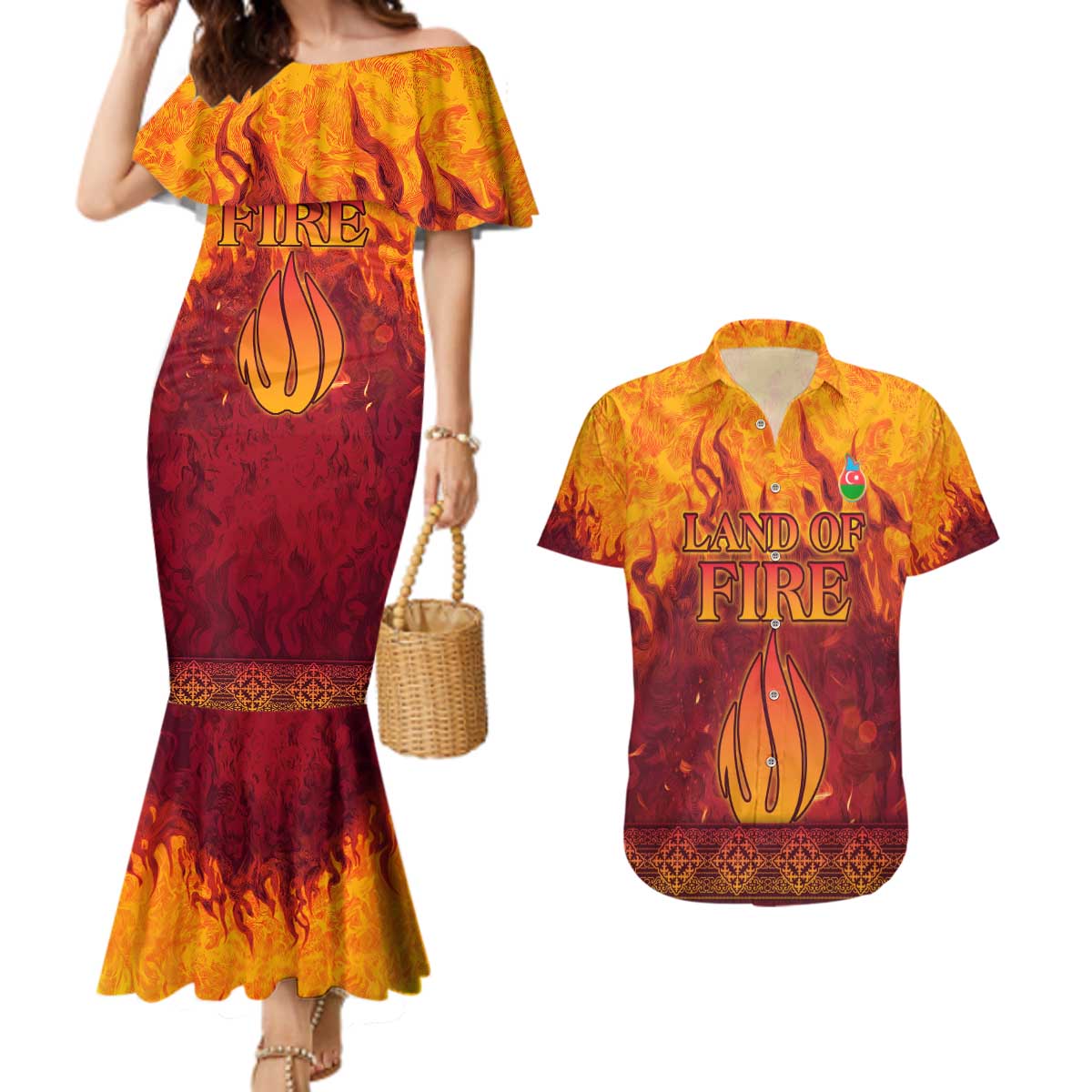 Azerbaijan Land of Fire Couples Matching Mermaid Dress and Hawaiian Shirt with Flame Towers and Baku Design