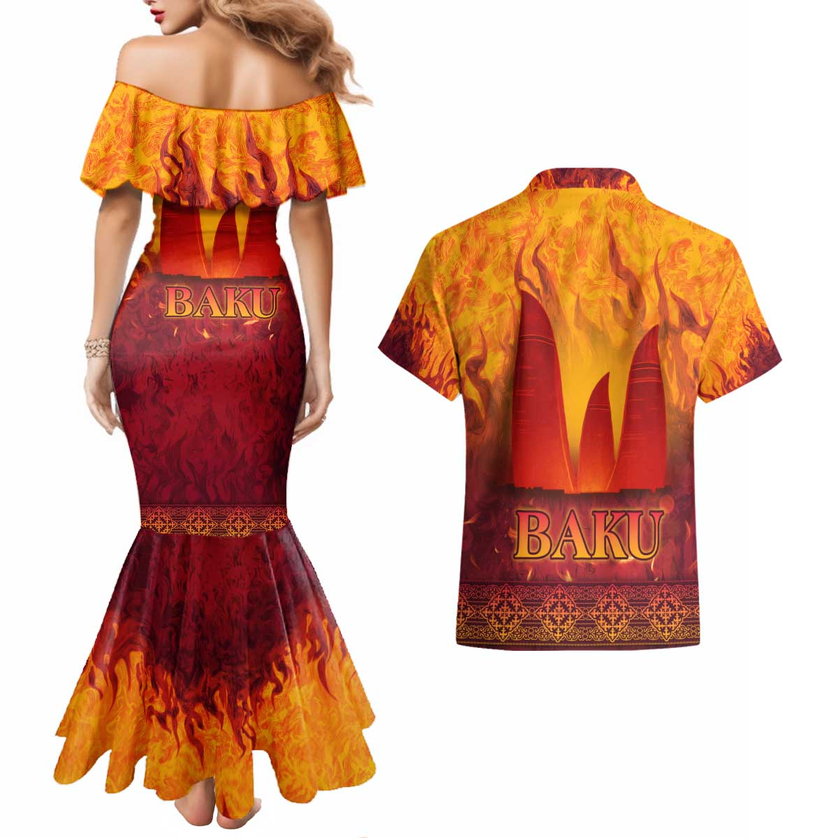 Azerbaijan Land of Fire Couples Matching Mermaid Dress and Hawaiian Shirt with Flame Towers and Baku Design