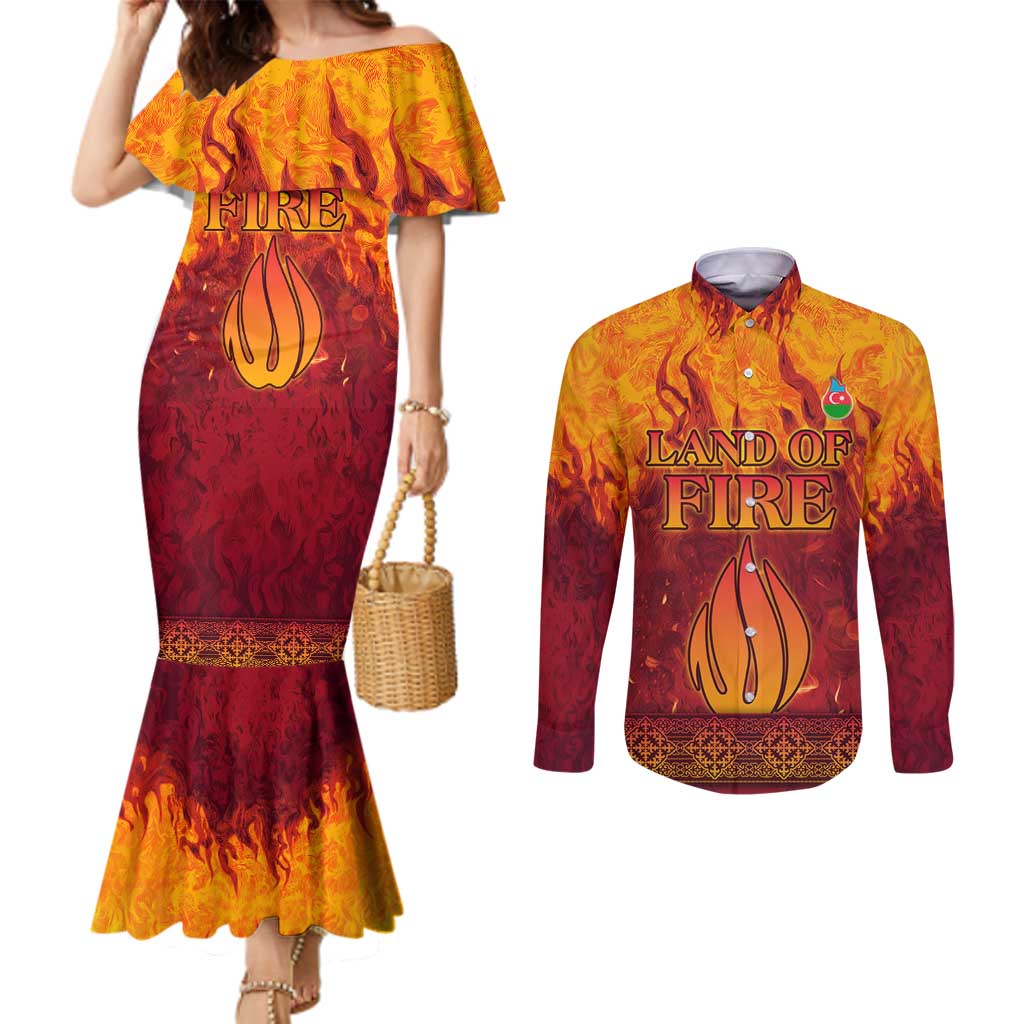Azerbaijan Land of Fire Couples Matching Mermaid Dress and Long Sleeve Button Shirt with Flame Towers and Baku Design