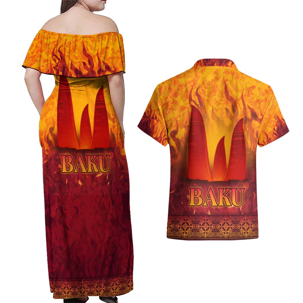 Azerbaijan Land of Fire Couples Matching Off Shoulder Maxi Dress and Hawaiian Shirt with Flame Towers and Baku Design