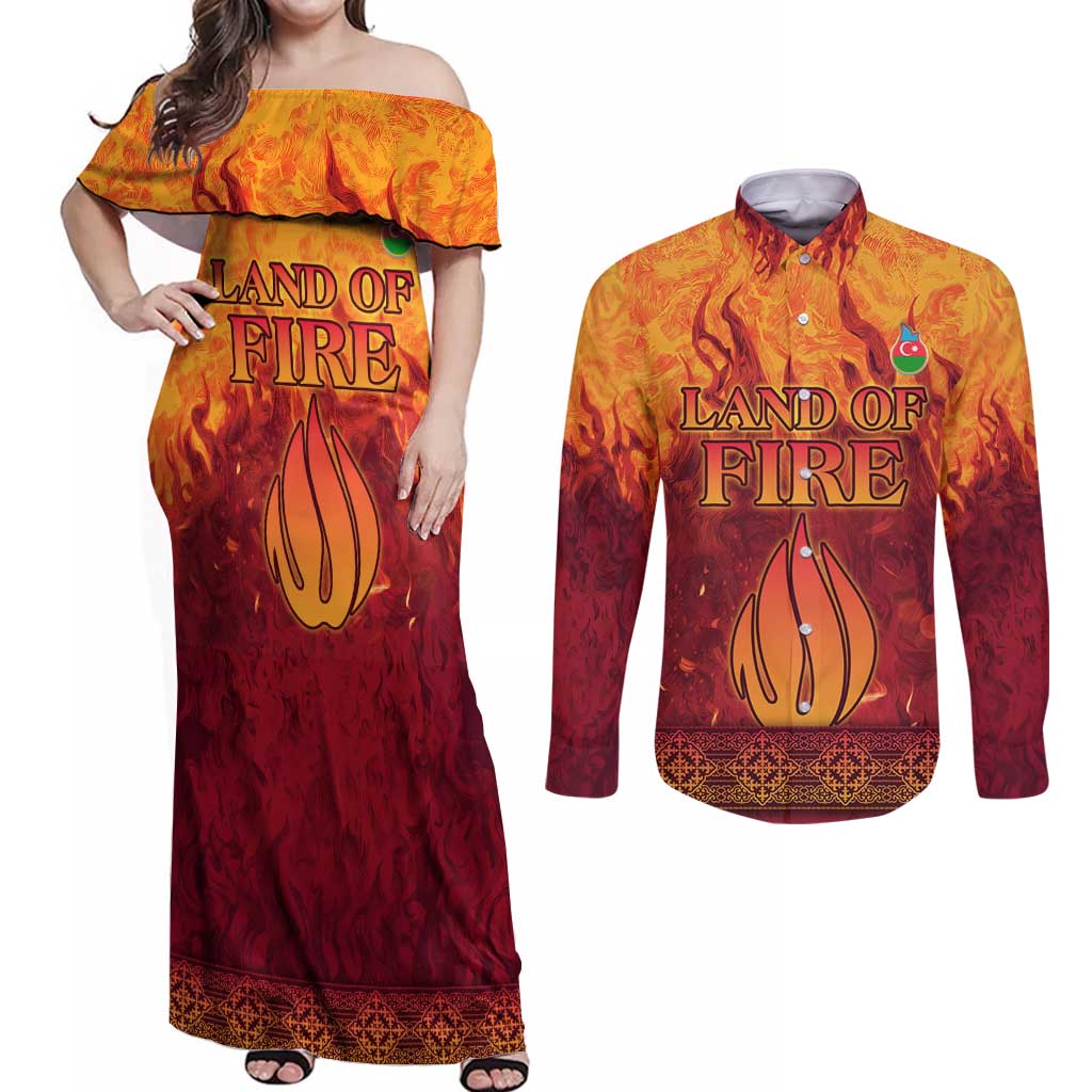 Azerbaijan Land of Fire Couples Matching Off Shoulder Maxi Dress and Long Sleeve Button Shirt with Flame Towers and Baku Design