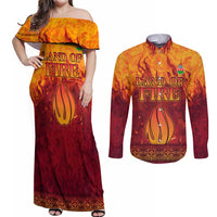Azerbaijan Land of Fire Couples Matching Off Shoulder Maxi Dress and Long Sleeve Button Shirt with Flame Towers and Baku Design