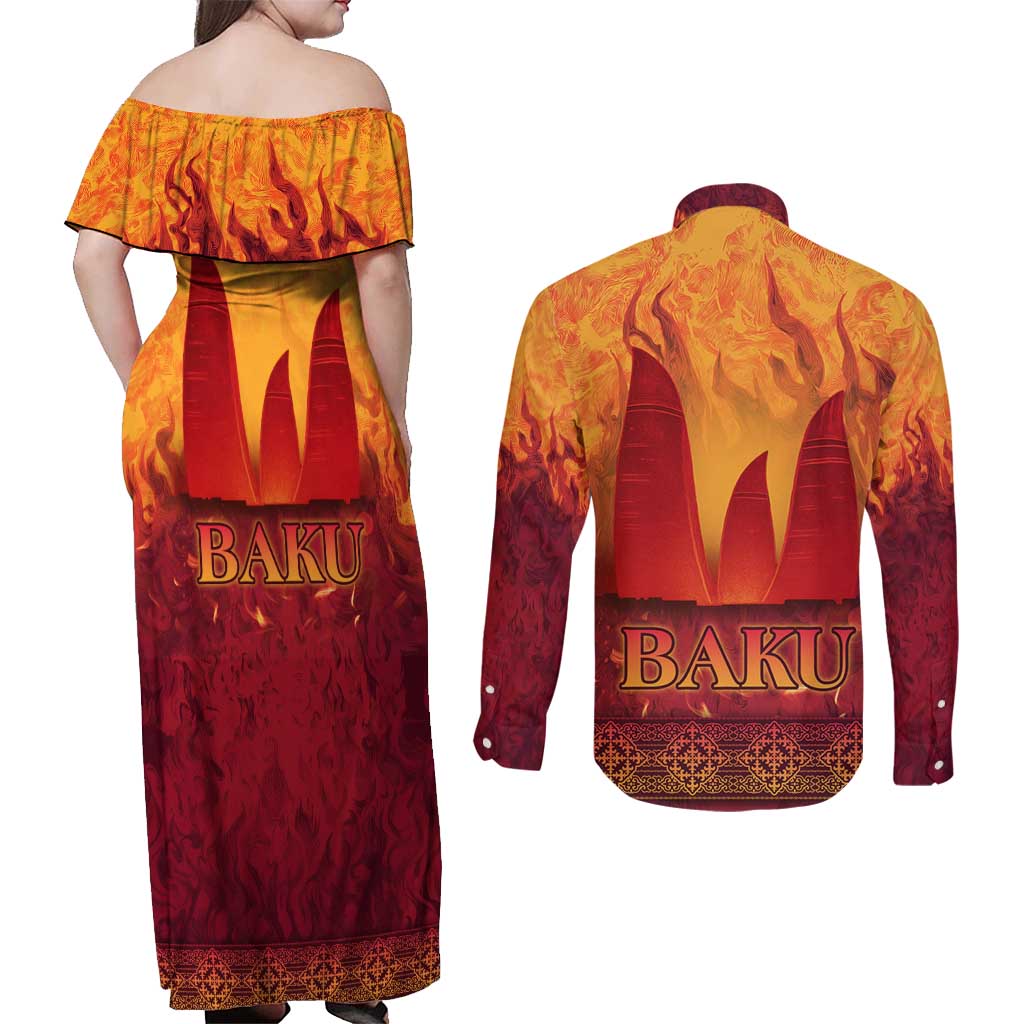 Azerbaijan Land of Fire Couples Matching Off Shoulder Maxi Dress and Long Sleeve Button Shirt with Flame Towers and Baku Design