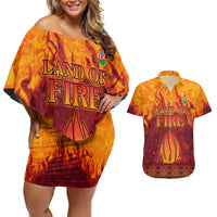 Azerbaijan Land of Fire Couples Matching Off Shoulder Short Dress and Hawaiian Shirt with Flame Towers and Baku Design