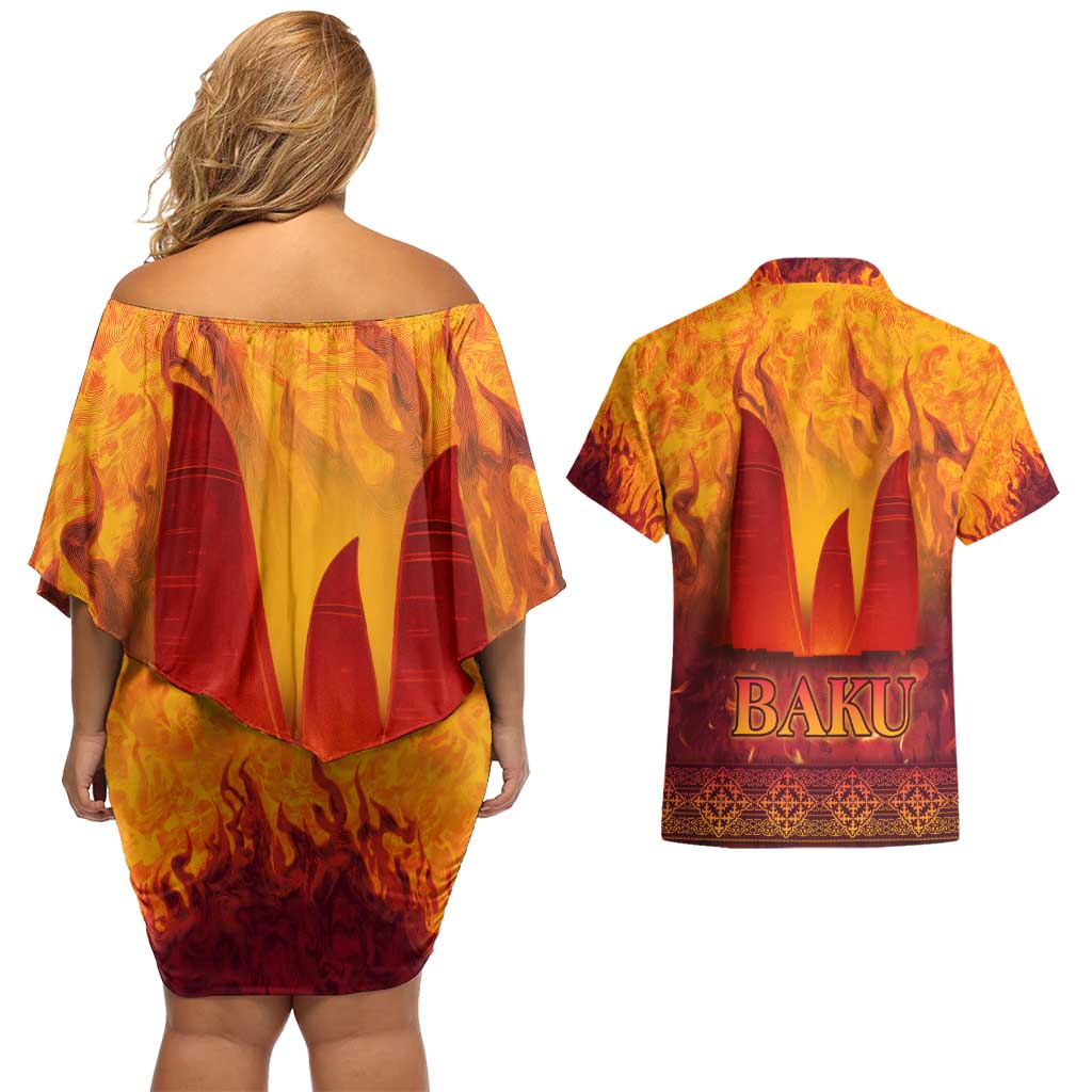 Azerbaijan Land of Fire Couples Matching Off Shoulder Short Dress and Hawaiian Shirt with Flame Towers and Baku Design