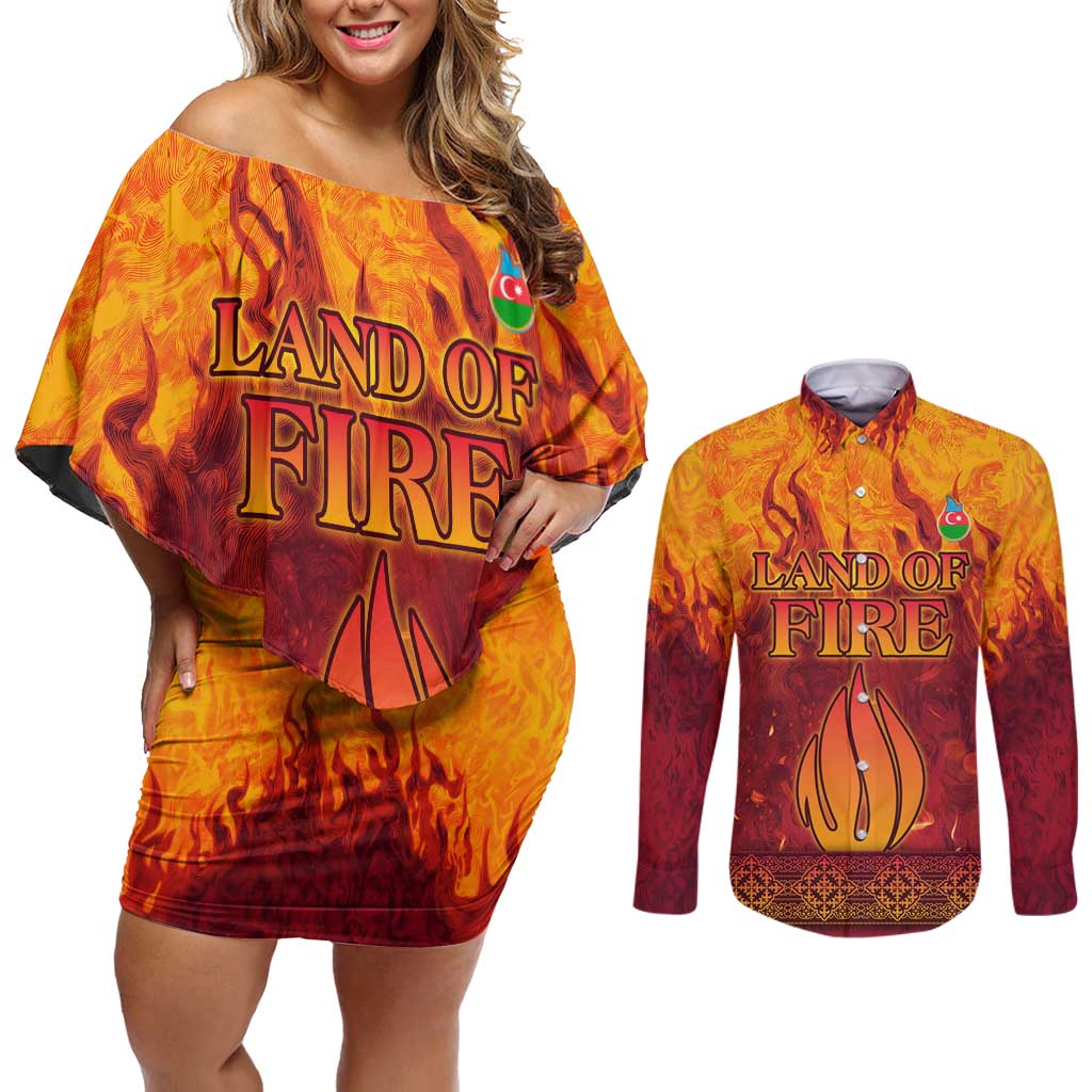 Azerbaijan Land of Fire Couples Matching Off Shoulder Short Dress and Long Sleeve Button Shirt with Flame Towers and Baku Design