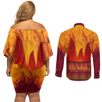 Azerbaijan Land of Fire Couples Matching Off Shoulder Short Dress and Long Sleeve Button Shirt with Flame Towers and Baku Design