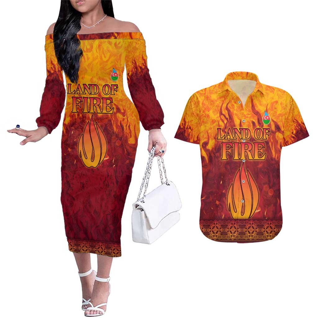 Azerbaijan Land of Fire Couples Matching Off The Shoulder Long Sleeve Dress and Hawaiian Shirt with Flame Towers and Baku Design