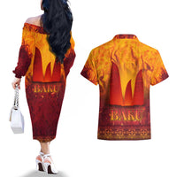 Azerbaijan Land of Fire Couples Matching Off The Shoulder Long Sleeve Dress and Hawaiian Shirt with Flame Towers and Baku Design