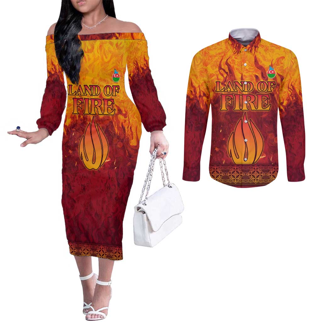 Azerbaijan Land of Fire Couples Matching Off The Shoulder Long Sleeve Dress and Long Sleeve Button Shirt with Flame Towers and Baku Design