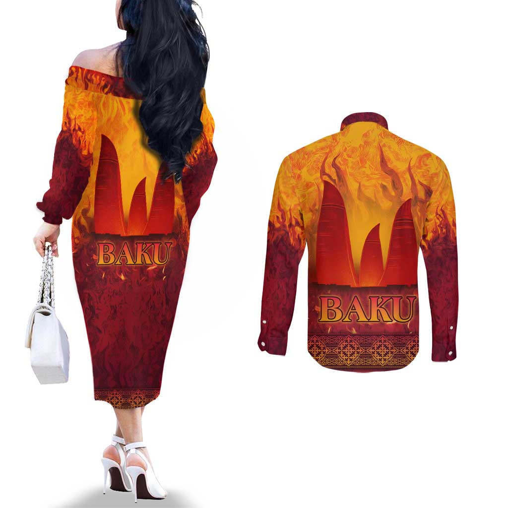 Azerbaijan Land of Fire Couples Matching Off The Shoulder Long Sleeve Dress and Long Sleeve Button Shirt with Flame Towers and Baku Design