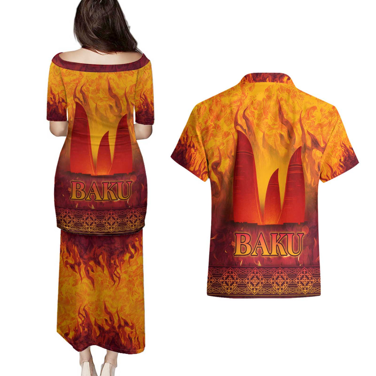 Azerbaijan Land of Fire Couples Matching Puletasi and Hawaiian Shirt with Flame Towers and Baku Design