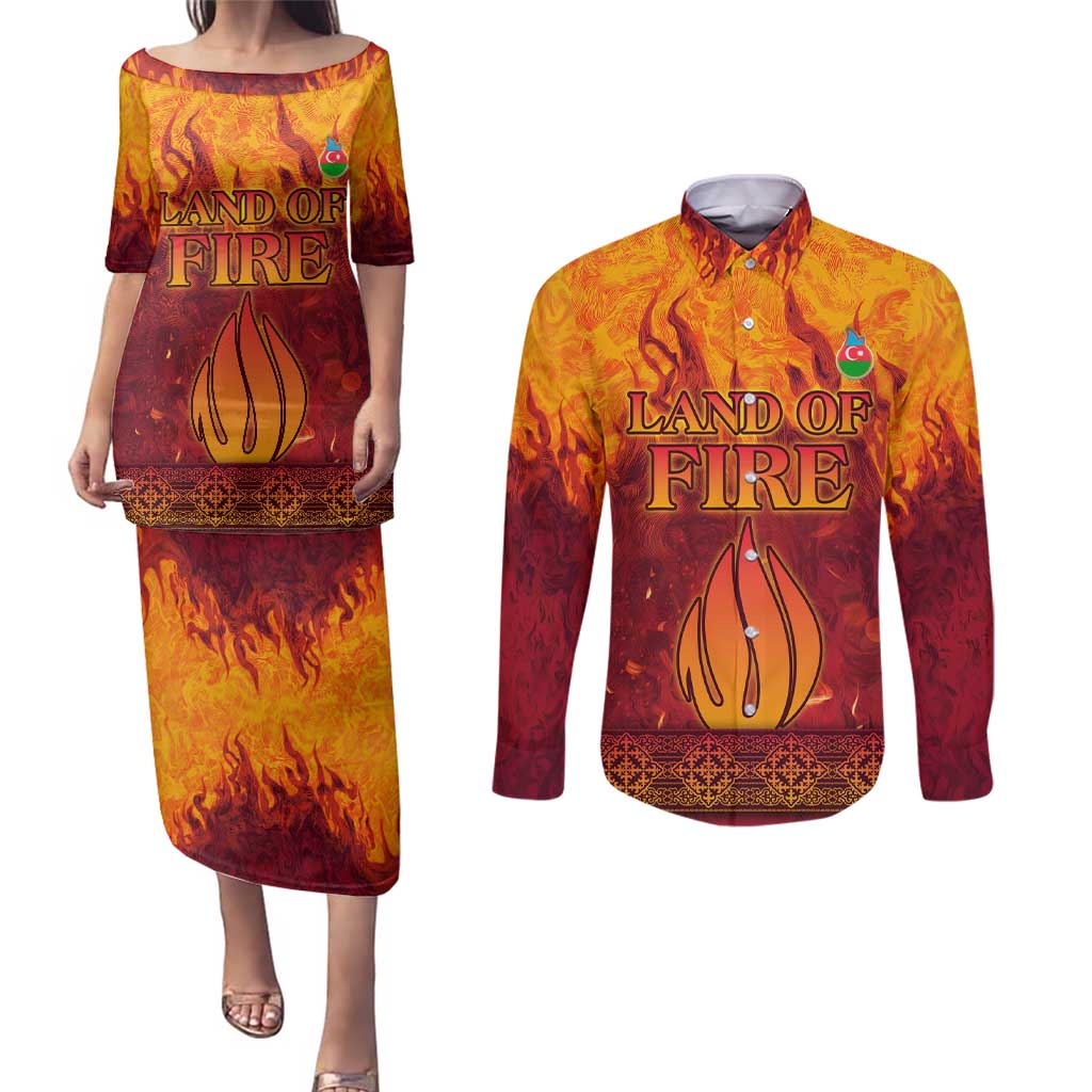 Azerbaijan Land of Fire Couples Matching Puletasi and Long Sleeve Button Shirt with Flame Towers and Baku Design