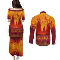 Azerbaijan Land of Fire Couples Matching Puletasi and Long Sleeve Button Shirt with Flame Towers and Baku Design