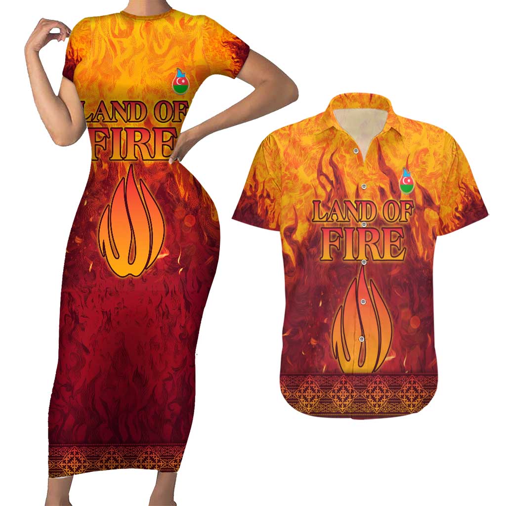 Azerbaijan Land of Fire Couples Matching Short Sleeve Bodycon Dress and Hawaiian Shirt with Flame Towers and Baku Design
