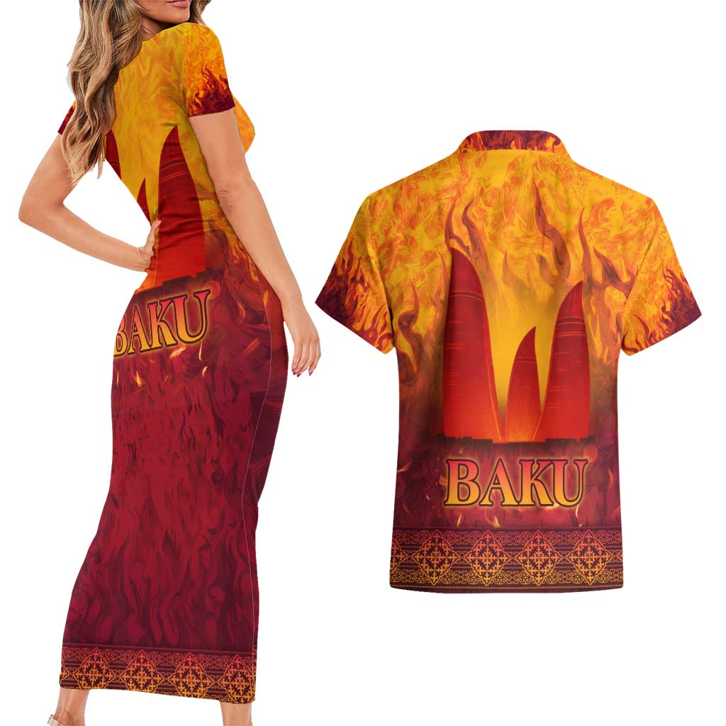 Azerbaijan Land of Fire Couples Matching Short Sleeve Bodycon Dress and Hawaiian Shirt with Flame Towers and Baku Design