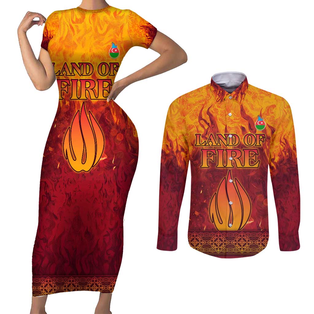 Azerbaijan Land of Fire Couples Matching Short Sleeve Bodycon Dress and Long Sleeve Button Shirt with Flame Towers and Baku Design