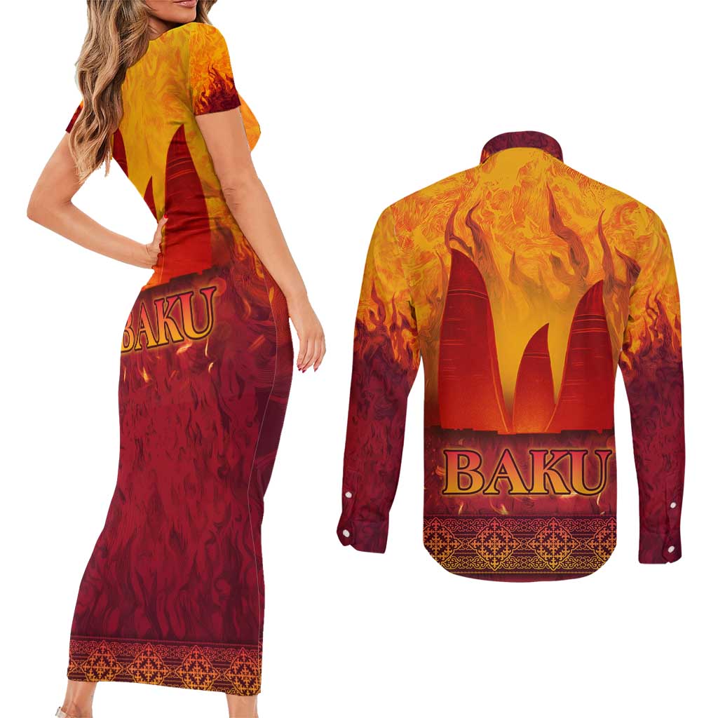 Azerbaijan Land of Fire Couples Matching Short Sleeve Bodycon Dress and Long Sleeve Button Shirt with Flame Towers and Baku Design