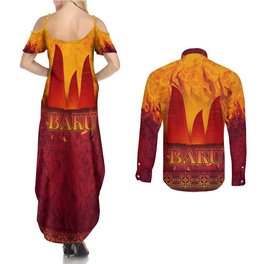 Azerbaijan Land of Fire Couples Matching Summer Maxi Dress and Long Sleeve Button Shirt with Flame Towers and Baku Design