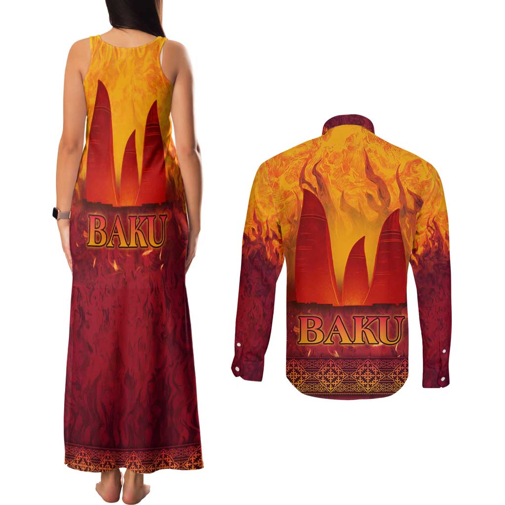 Azerbaijan Land of Fire Couples Matching Tank Maxi Dress and Long Sleeve Button Shirt with Flame Towers and Baku Design