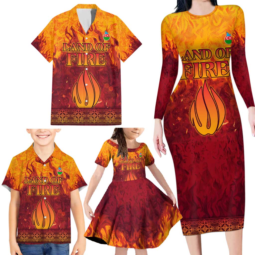 Azerbaijan Land of Fire Family Matching Long Sleeve Bodycon Dress and Hawaiian Shirt with Flame Towers and Baku Design