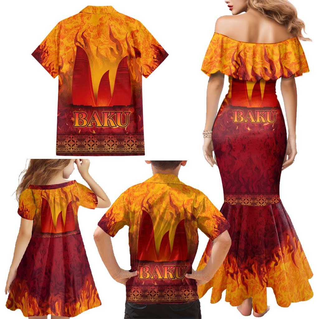 Azerbaijan Land of Fire Family Matching Mermaid Dress and Hawaiian Shirt with Flame Towers and Baku Design