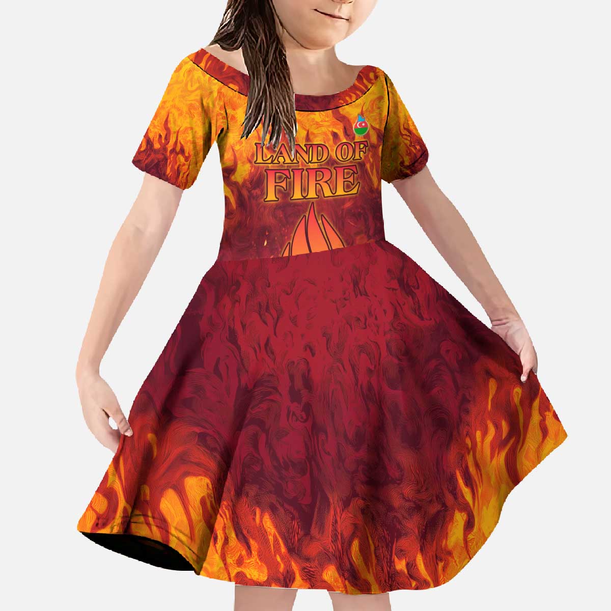 Azerbaijan Land of Fire Family Matching Off The Shoulder Long Sleeve Dress and Hawaiian Shirt with Flame Towers and Baku Design