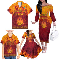 Azerbaijan Land of Fire Family Matching Off The Shoulder Long Sleeve Dress and Hawaiian Shirt with Flame Towers and Baku Design