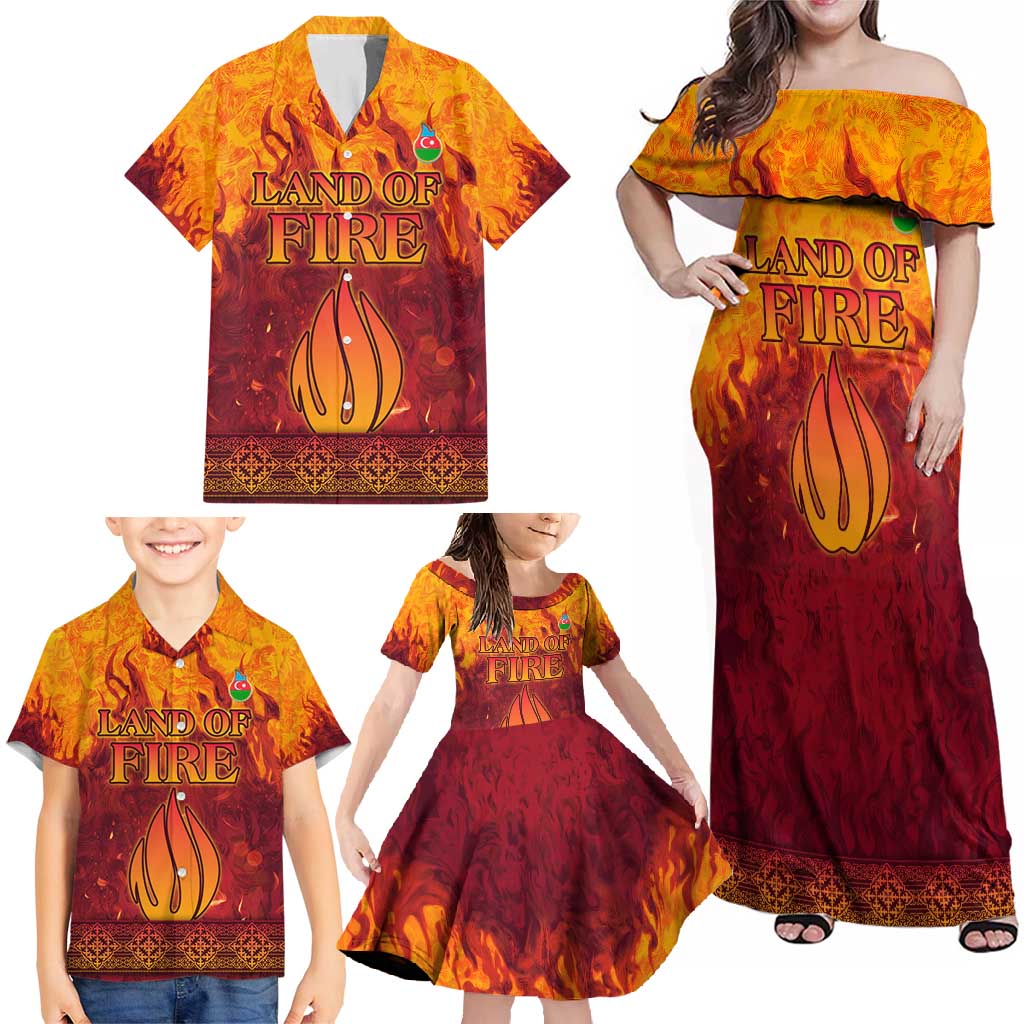 Azerbaijan Land of Fire Family Matching Off Shoulder Maxi Dress and Hawaiian Shirt with Flame Towers and Baku Design