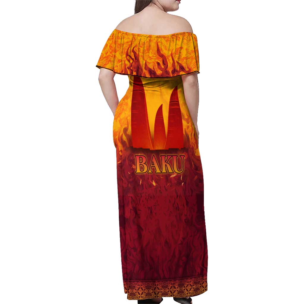 Azerbaijan Land of Fire Family Matching Off Shoulder Maxi Dress and Hawaiian Shirt with Flame Towers and Baku Design