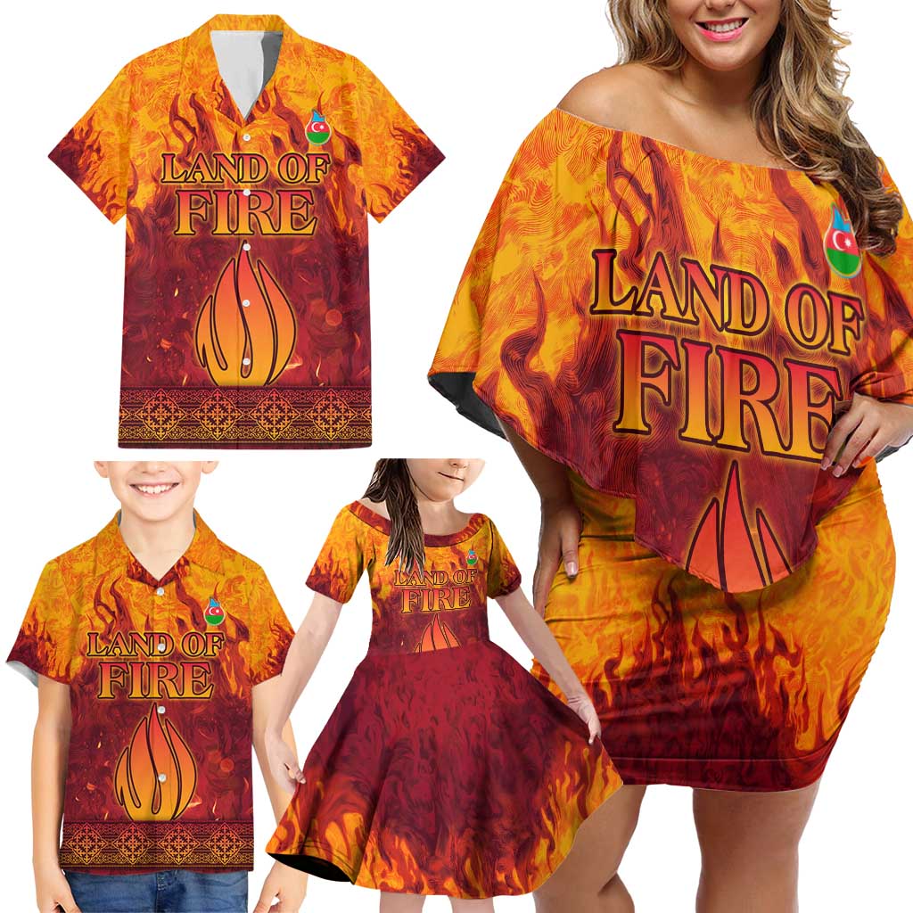 Azerbaijan Land of Fire Family Matching Off Shoulder Short Dress and Hawaiian Shirt with Flame Towers and Baku Design