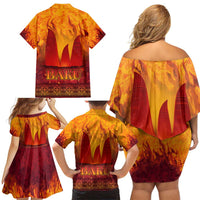Azerbaijan Land of Fire Family Matching Off Shoulder Short Dress and Hawaiian Shirt with Flame Towers and Baku Design