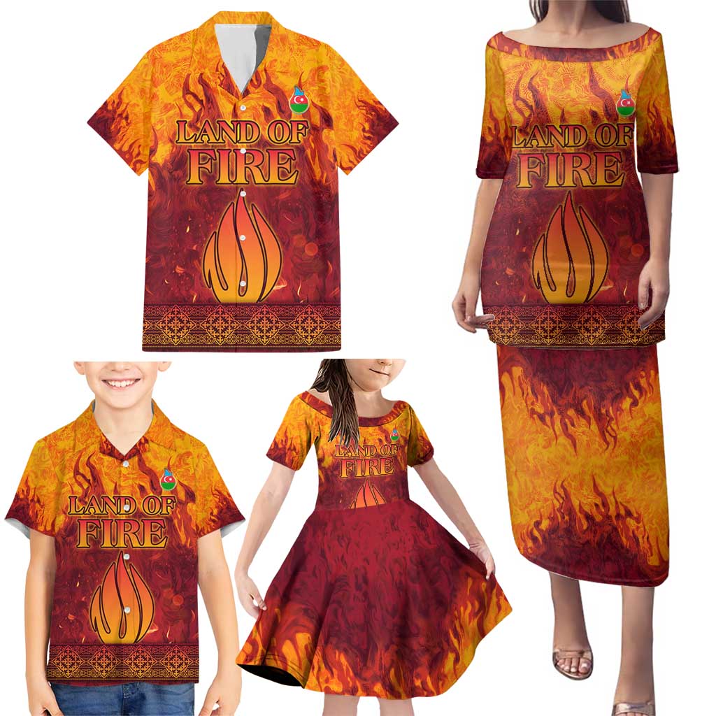 Azerbaijan Land of Fire Family Matching Puletasi and Hawaiian Shirt with Flame Towers and Baku Design