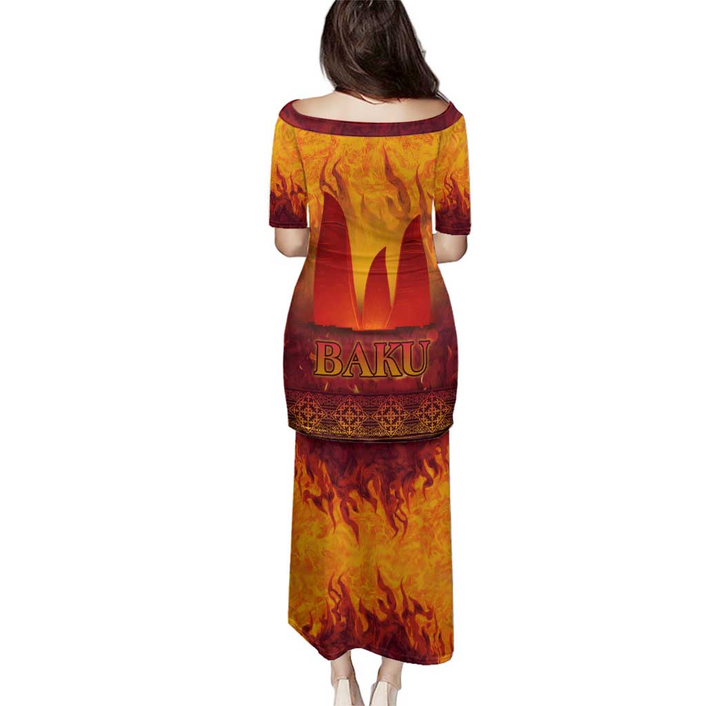 Azerbaijan Land of Fire Family Matching Puletasi and Hawaiian Shirt with Flame Towers and Baku Design