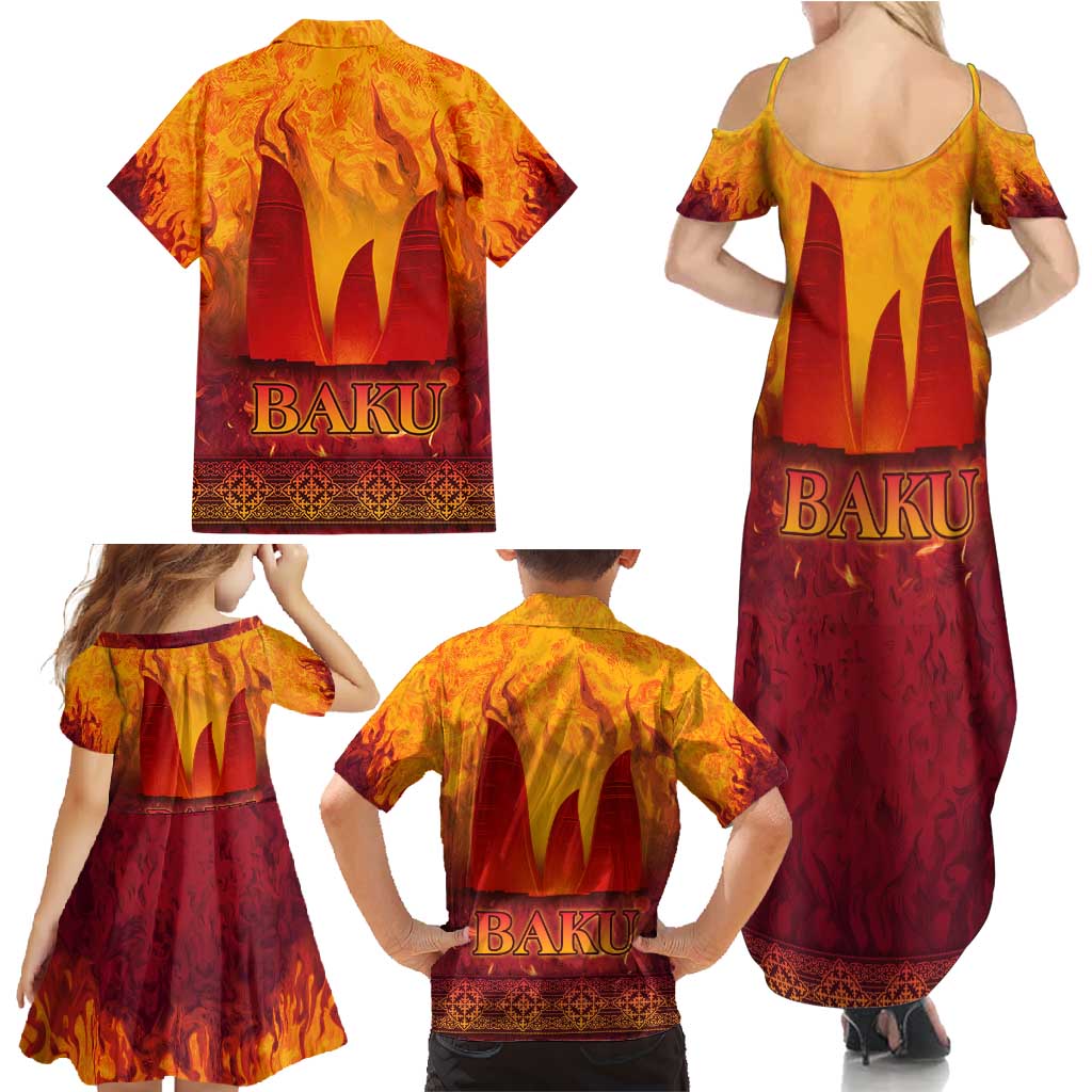 Azerbaijan Land of Fire Family Matching Summer Maxi Dress and Hawaiian Shirt with Flame Towers and Baku Design