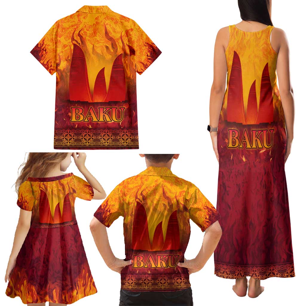 Azerbaijan Land of Fire Family Matching Tank Maxi Dress and Hawaiian Shirt with Flame Towers and Baku Design