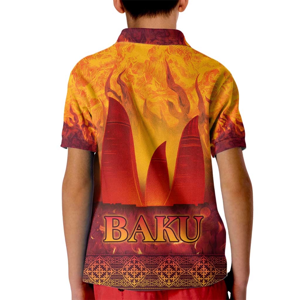 Azerbaijan Land of Fire Kid Polo Shirt with Flame Towers and Baku Design