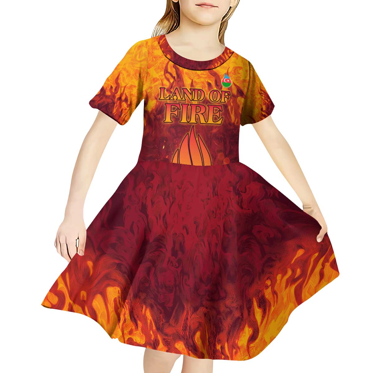 Azerbaijan Land of Fire Kid Short Sleeve Dress with Flame Towers and Baku Design